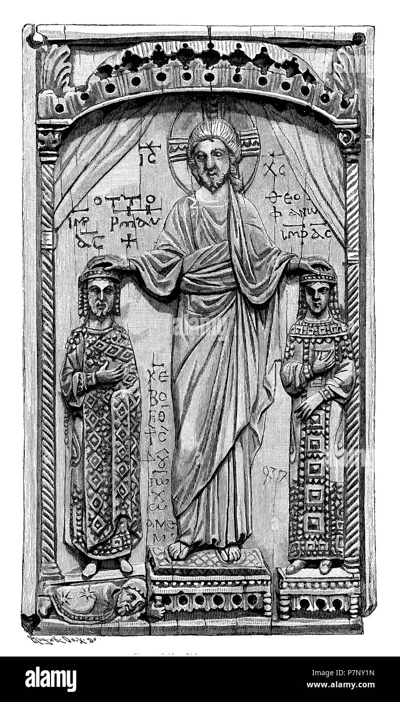 Otton II (HRR), roi allemand (973-983) et empereur romain (depuis 982) et Théophano Skleraina (environ 960-991) ou Theophania Theophano également, l'épouse de l'empereur Otton II co-impératrice de l'Empire et l'Impératrice, Roman-German du Christ béni. Sculpture en ivoire sur un reliquaire dans l'Hôtel Cluny à Paris, Hug u. K oe 1899 Banque D'Images
