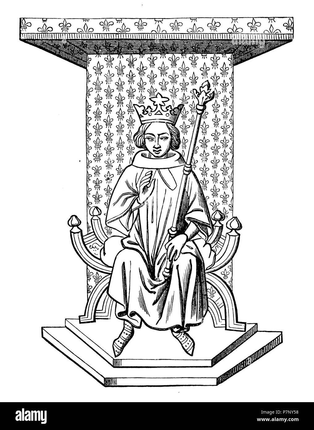 Le roi Louis IX de France sur le trône. Après une miniature du xive siècle de la Bibliothèque Nationale de Paris, 1899 Banque D'Images