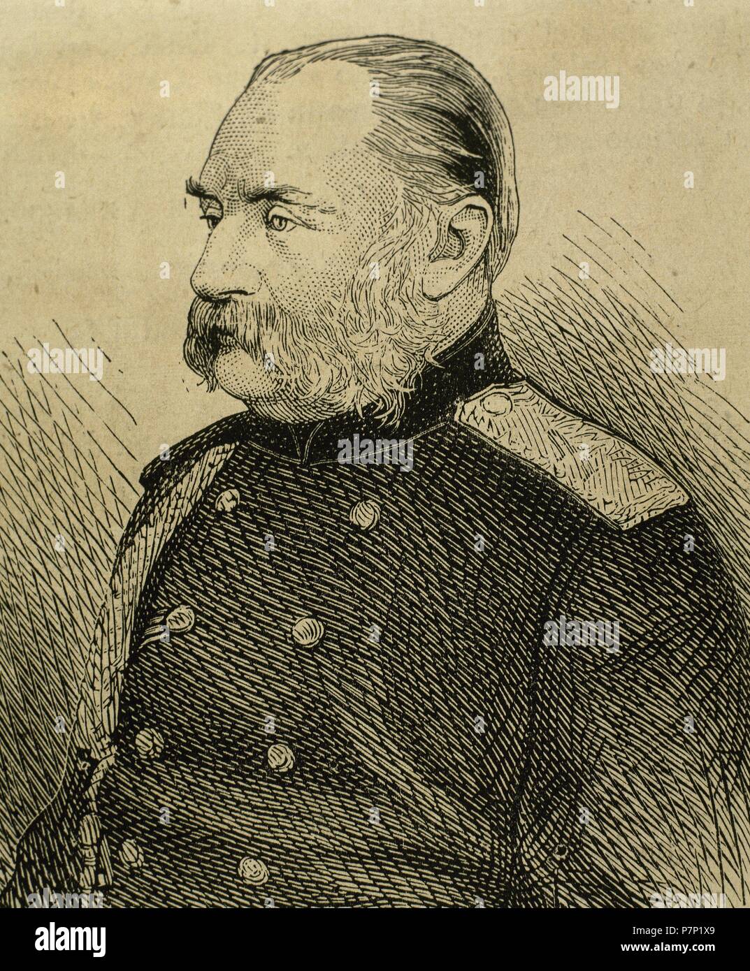 La guerre à l'Est. Perokoitschitzsky général de l'armée russe, chef d'état-major de l'armée du Sud. Portrait. La gravure. 'La Ilustracion Espanola y Americana', 1877,. Banque D'Images