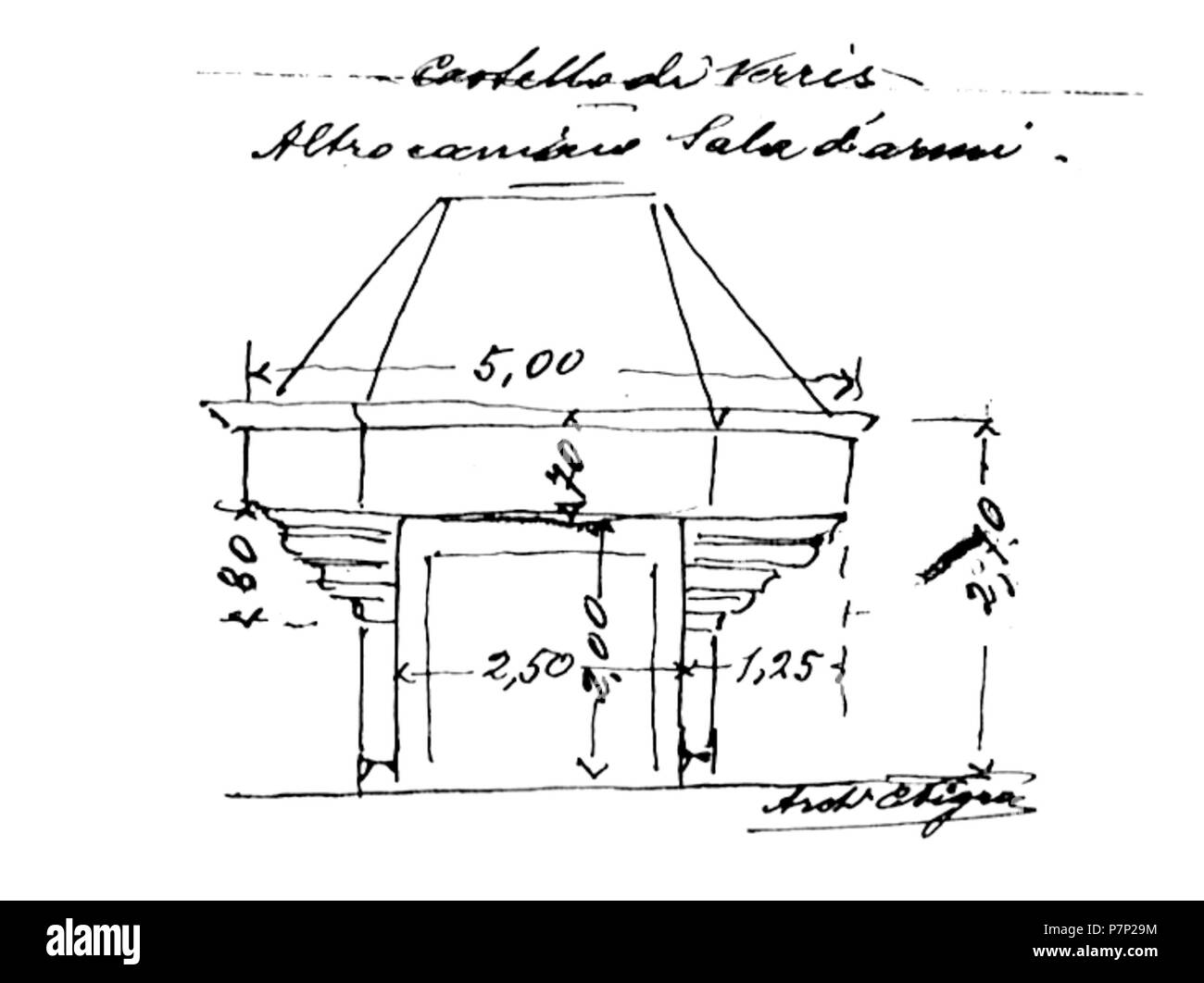 Italiano : Disegno del camino della Sala d'armi. Castello di Ayas, Valle d'Aosta, Italie. avant 1942 59 Camino sala d armi cast verres nigra fig 115 bis Banque D'Images