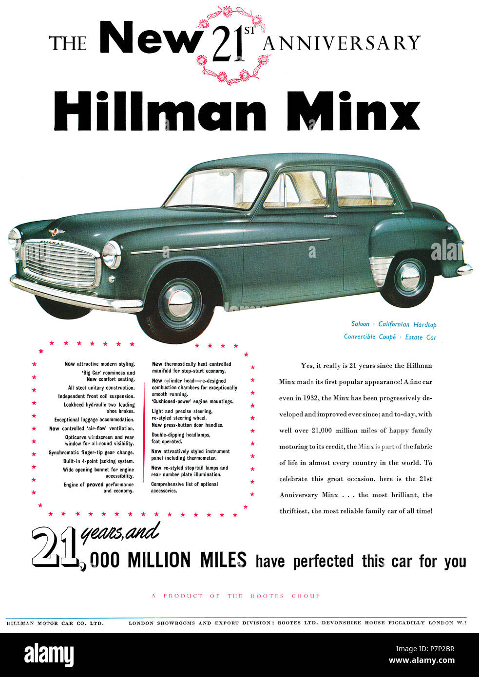 1953 La publicité pour l'Hillman Minx motor car. Banque D'Images