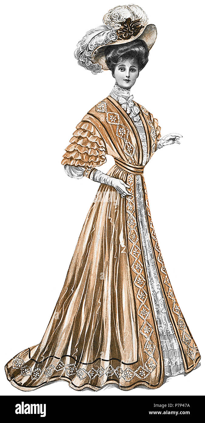 1909 fashion illustration montrant une élégance victorienne dame en robe et photo hat. Banque D'Images