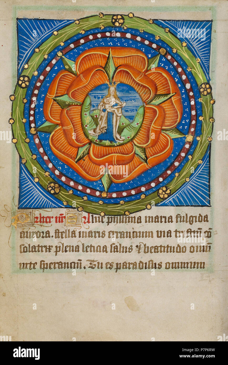 31227801chapelet avec Virgo Lactans. La page de texte décoré ; inconnu ; l'Angleterre, l'East Anglia, en Europe ; à propos de l'éclairage ; 1190 écrit sur 1490 ; couleurs Tempera et feuille d'or sur parchemin ; Feuille : 11,9 x 17 cm (4 11/16 x 6 11/16 in.) ; 2008.3.78v Banque D'Images