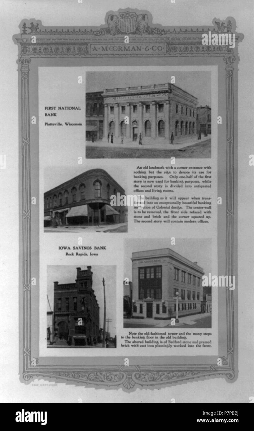 4 illustrations- anciens et nouveaux First National Bank, Platteville, Wisconsin ; ancienne et la nouvelle banque d'épargne de l'Iowa, Rock Rapids, Iowa Banque D'Images