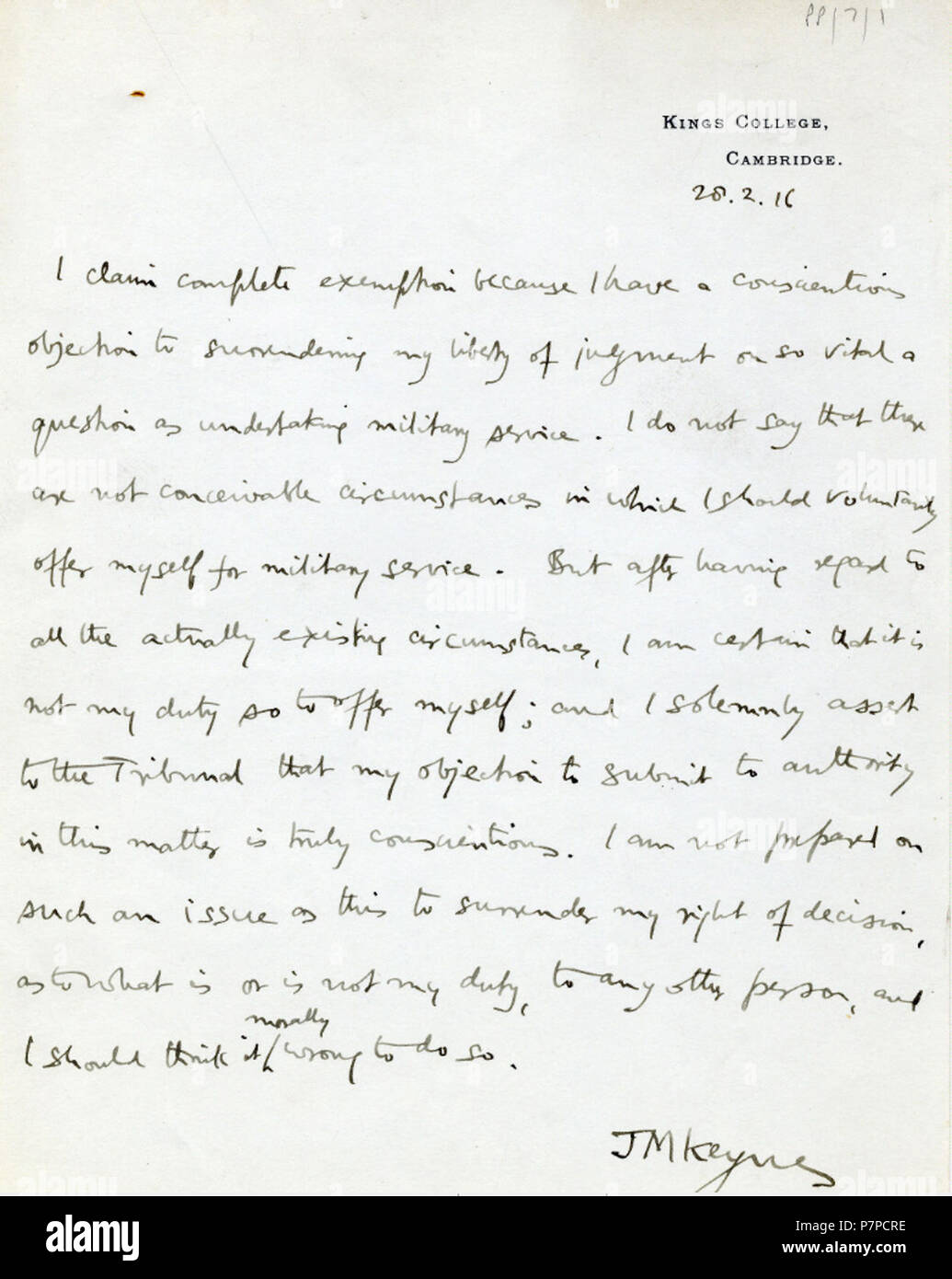 Déclaration de Keynes à l'Holborn Tribunal Local. 28 février 1916 230 Keynes conscentious objection 1916 Banque D'Images