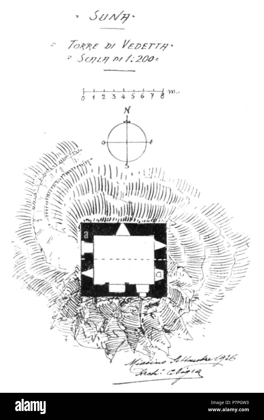 Italiano : Pianta della Torre di vedetta, Suna . Septembre 1936 159 Fig 2 pianta Torre di vedetta, Suna, p128, dis nigra sett 1936 nigra il novarese Banque D'Images