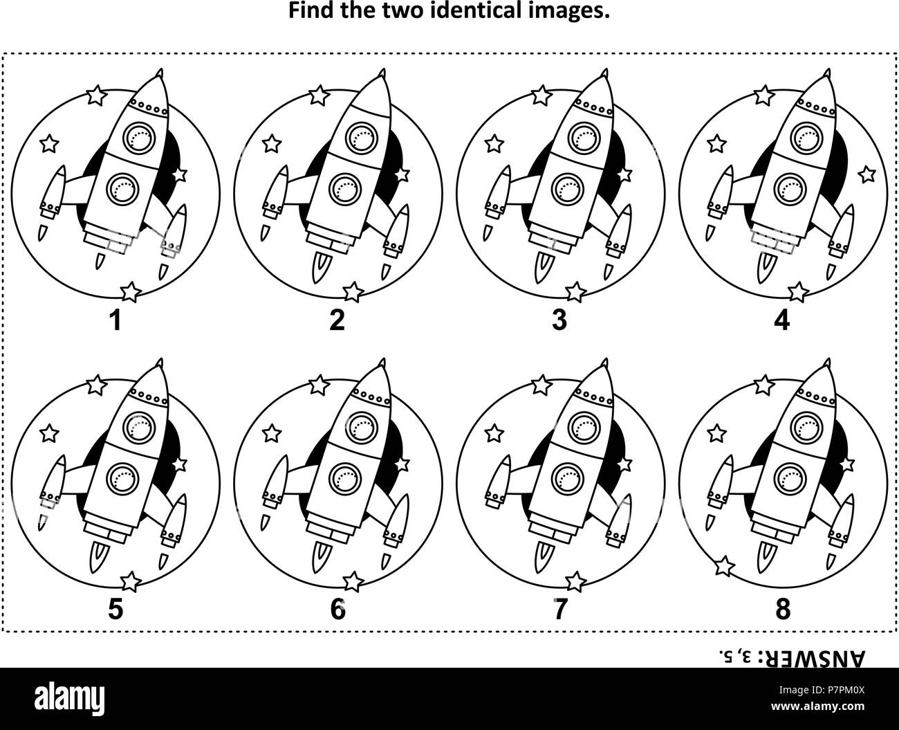 Formation QI trouver les deux images identiques avec rocket ou vaisseau spatial visual puzzle et coloriage. Réponse inclus. Illustration de Vecteur