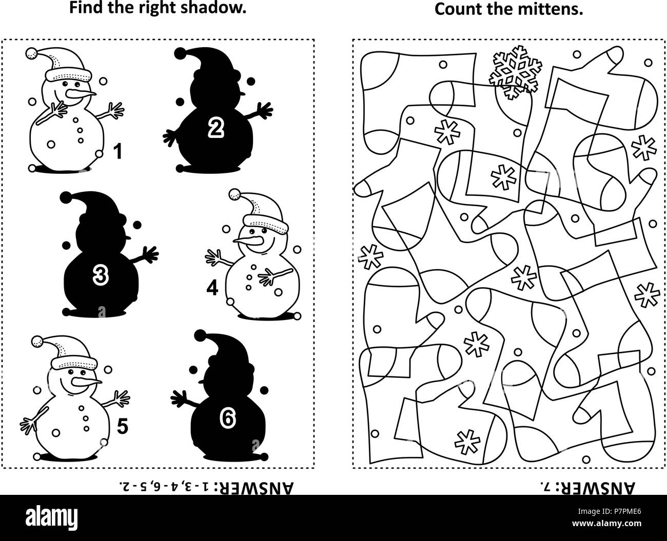 Deux énigmes visuelles et à colorier pour les enfants. Trouver la bonne ombre pour chaque photo de bonhomme de neige. Compter les mitaines. Noir et blanc. Réponses Illustration de Vecteur