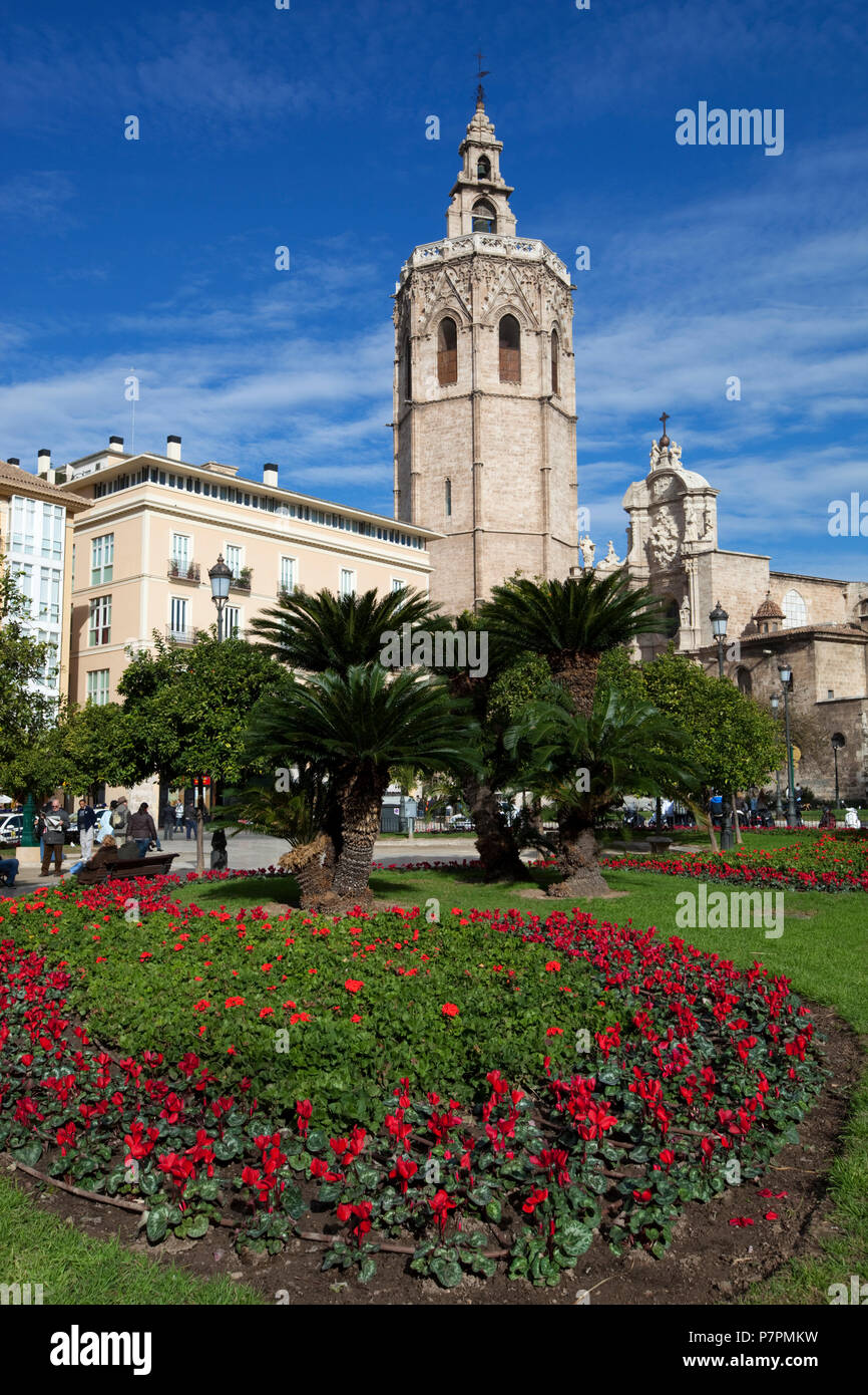 La place de la reine avec le El Micalet et clocher de la cathédrale de Valence Banque D'Images