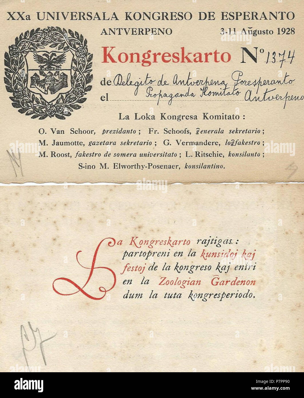 L'ESPÉRANTO : 20-a Universala Kongreso de Esperanto en Antverpeno : Kongreskarto . 1928 71928 Kongreskarto 1374 Banque D'Images