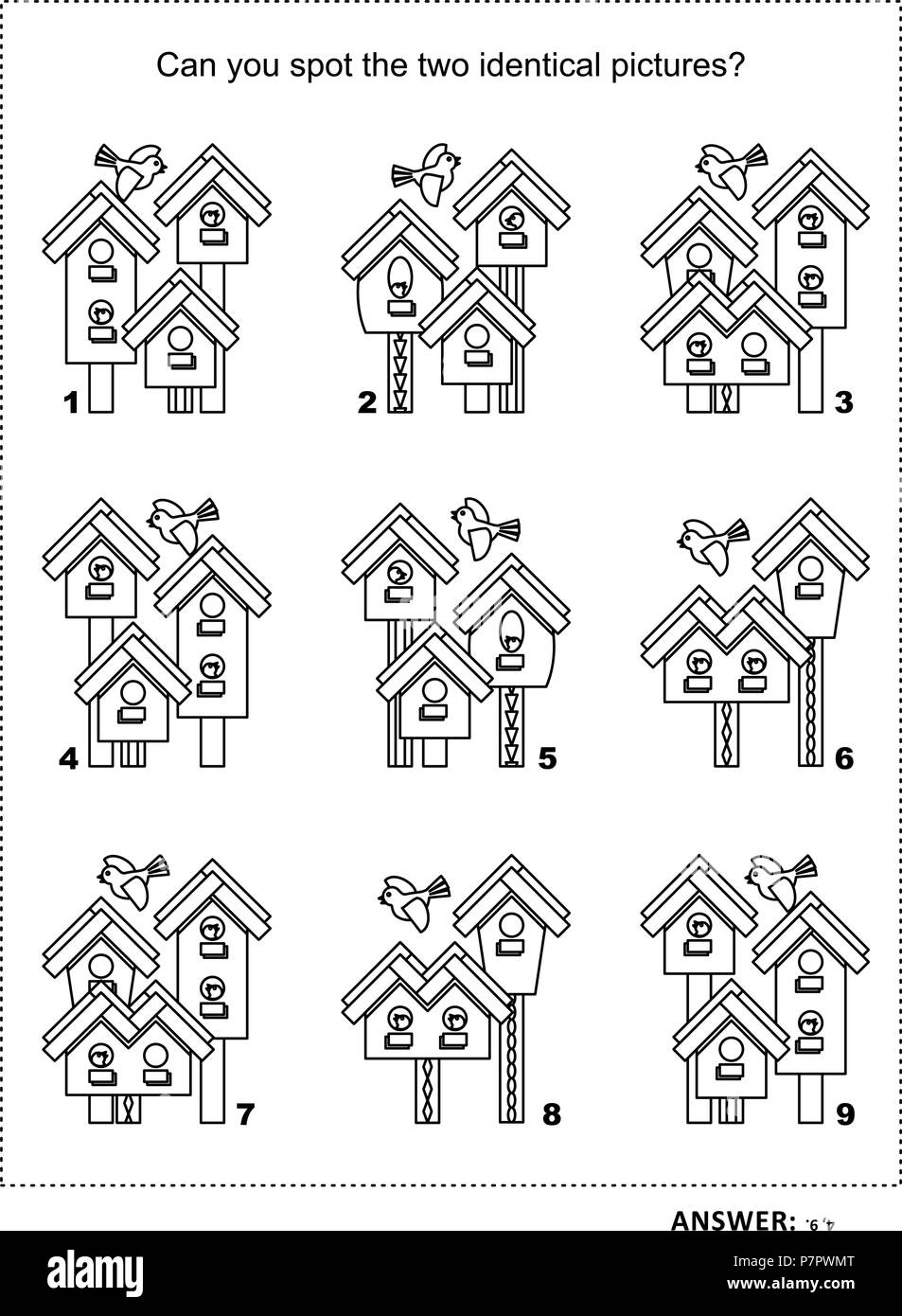 Formation QI trouver les deux images identiques avec les birdhouses printemps puzzle visuel et à colorier. Réponse inclus. Illustration de Vecteur