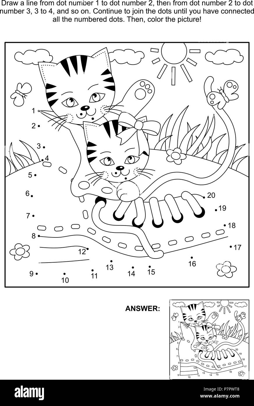 Relier les points photo puzzle et coloriage avec Cute chatons espiègles et vieille chaussure. Réponse inclus. Illustration de Vecteur