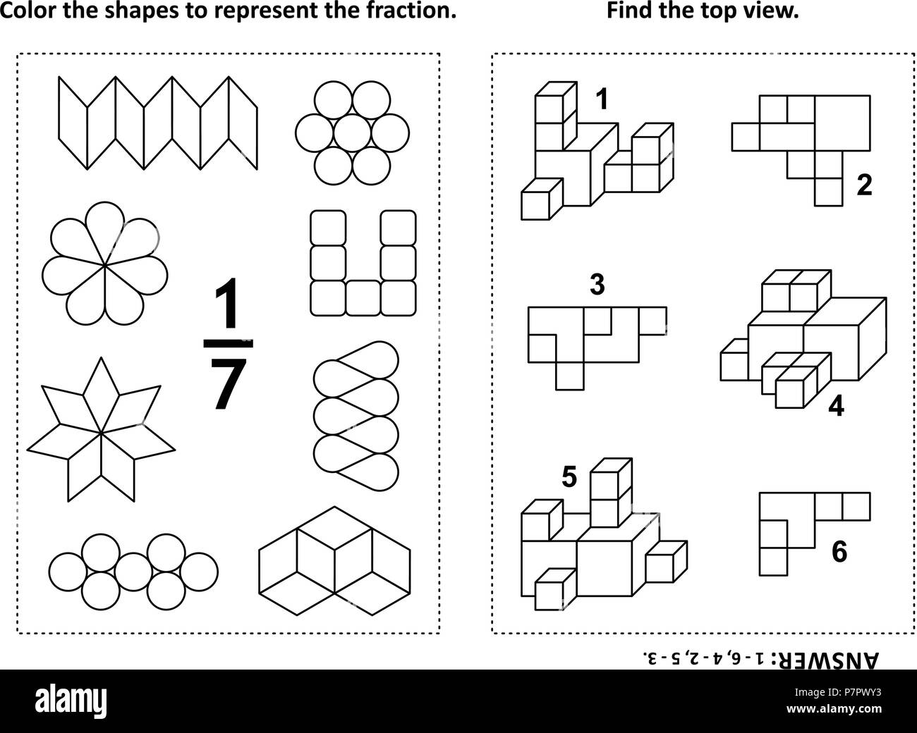 Deux énigmes mathématiques visuelles et des pages à colorier. Les formes de couleur pour représenter la fraction. Trouver la vue supérieure. Noir et blanc. Réponse inclus. Illustration de Vecteur