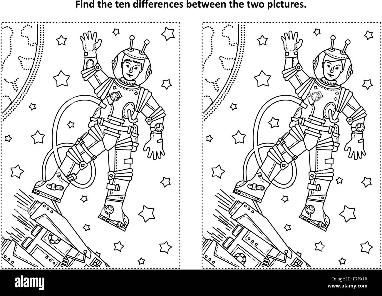 Sur le thème de l'exploration de l'espace trouver les 10 différences photo puzzle et coloriage avec le cosmonaute ou astronaute dans l'espace, la roquette, les étoiles, la terre Illustration de Vecteur