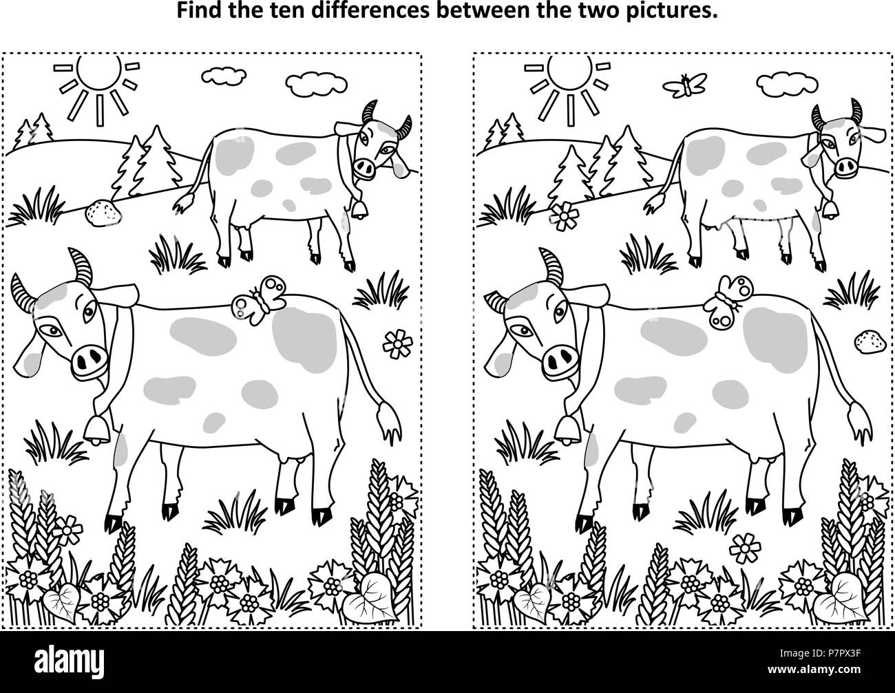 Retrouvez les dix différences photo puzzle et coloriage avec repéré traire les vaches sur le pâturage Illustration de Vecteur