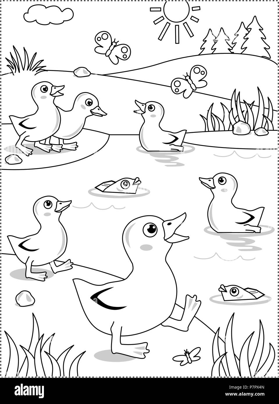 Printemps ou été à thème joie coloriage avec les canetons à l'étang. Printemps ou été à thème joie coloriage avec les canetons à l'étang. Illustration de Vecteur