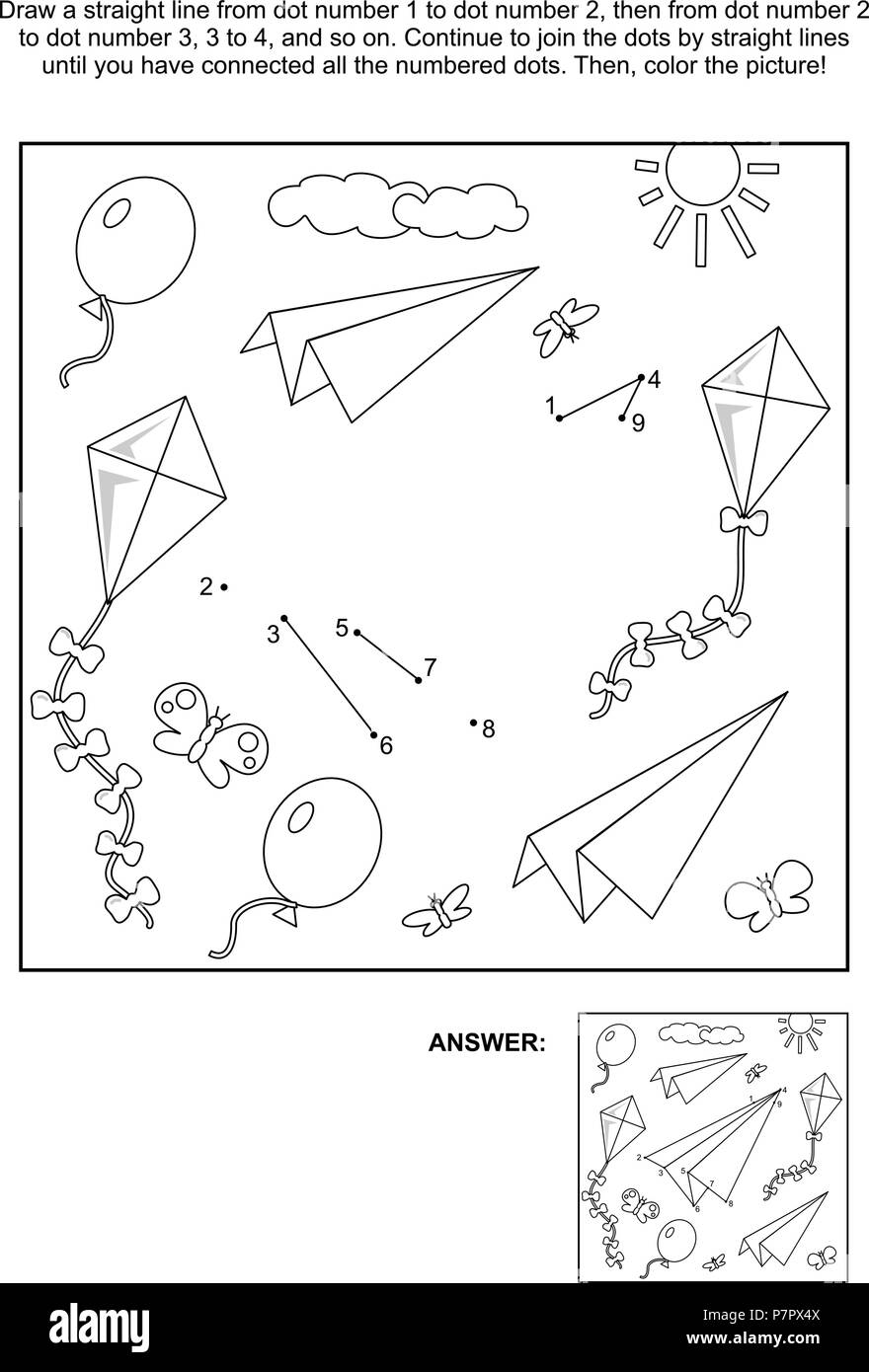 Relier les points photo puzzle et coloriage avec paper planes, cerfs-volants et des ballons volant dans le ciel. Réponse inclus. Illustration de Vecteur