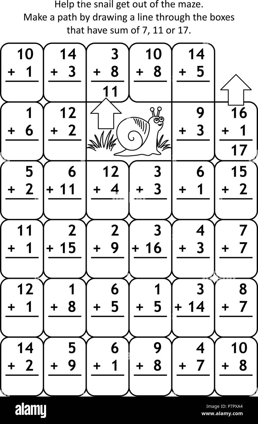 Labyrinthe mathématique avec plus faits : aider l'escargot sortir du labyrinthe. Faire un chemin en traçant une ligne sur les cases qui ont somme de 7, 11 ou 17. Illustration de Vecteur Labyrinthe mathématique avec plus faits : aider l'escargot sortir du labyrinthe. Faire un chemin en traçant une ligne sur les cases qui ont somme de 7, 11 ou 17. Illustration de Vecteur