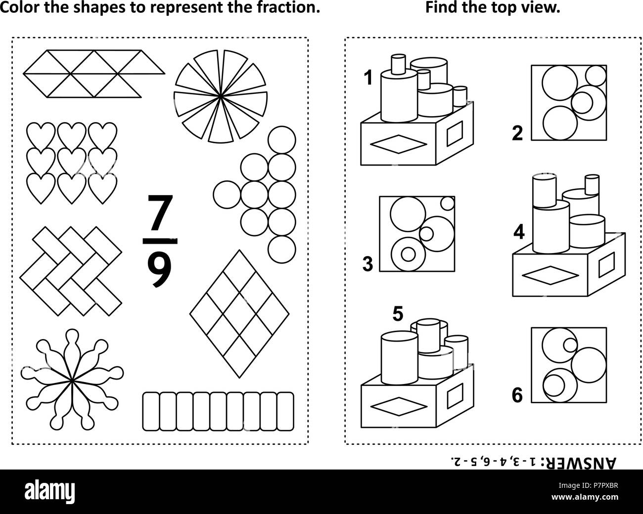 Deux énigmes mathématiques visuelles et des pages à colorier. Les formes de couleur pour représenter la fraction. Trouver la vue supérieure. Noir et blanc. Réponse inclus. Illustration de Vecteur