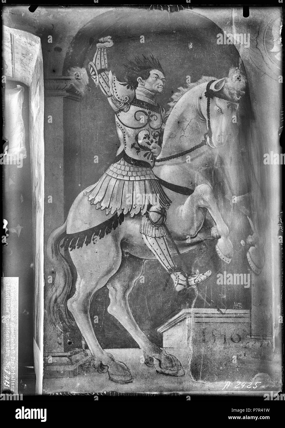 Stein am Rhein, Kloster Sankt-Georgen, Wandmalerei, vue partielle ; Vue partielle d'une peinture murale nommée 'Curticus' représentant un homme à cheval et se trouvant dans la salle des fêtes du couvent Sankt-Georgen à Stein am Rhein, dans le canton de Schaffhouse. 1902 83 CH-NB - Stein am Rhein, Kloster Sankt-Georgen, Wandmalerei, vue partielle - Collection Max van Berchem - EAD-6990 Banque D'Images