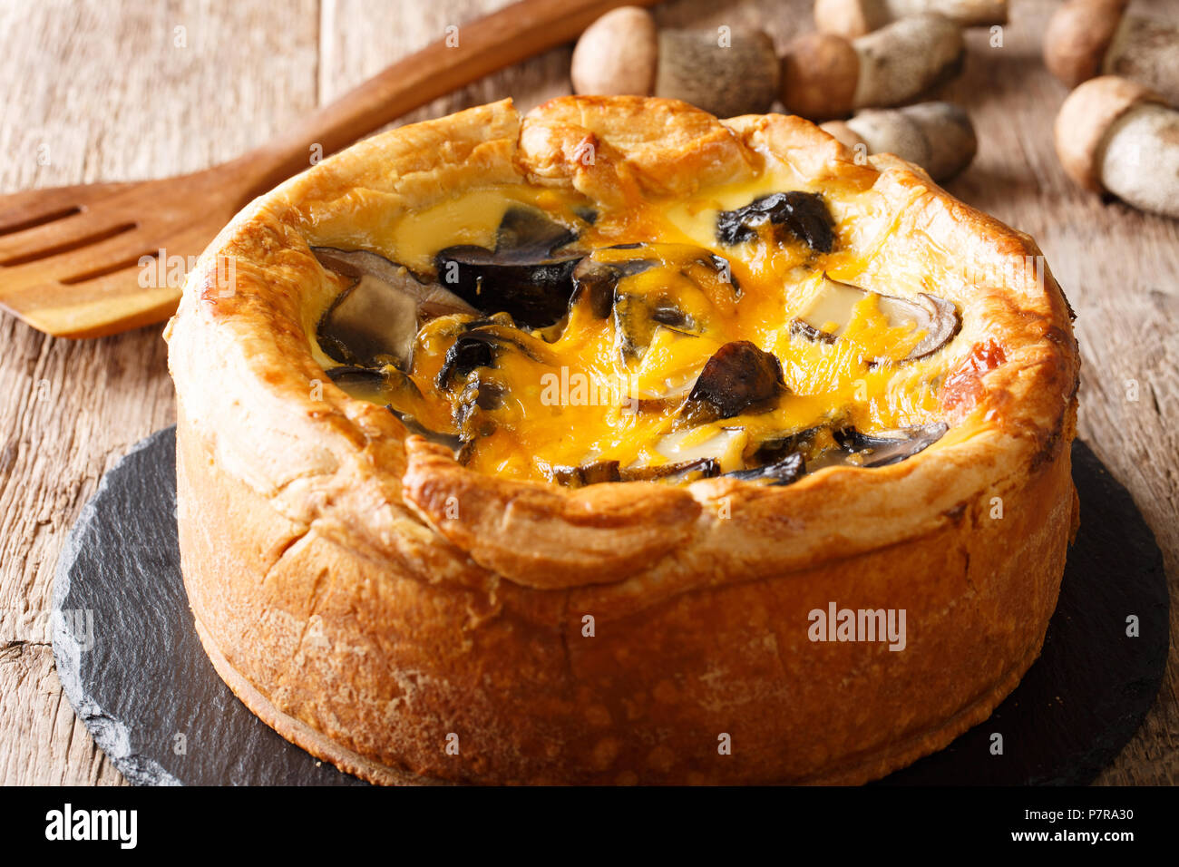 Délicieux gâteau, quiche, pizza aux champignons, fromage cheddar, du poulet et de la crème sur la table horizontale. Banque D'Images
