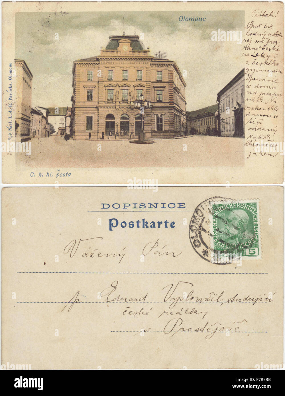 Anglais : bureau de poste à Olomouc on today's Námestí Republiky. La légende en République tchèque se lit 'C. k. hl. mail', qui signifie 'Imperial-Royal poste principale'. eština : Mail v Olomouci Námestí Republiky na dnešním. Avant 1907 194 Carte postale historique d'un bureau de poste à Olomouc Banque D'Images