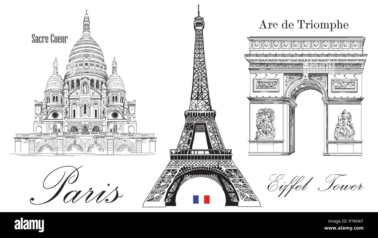 Vector Tour Eiffel, Arc de Triomphe et cathédrale du Sacré-Cœur. Vector dessin à la main libre isolé sur fond blanc Illustration de Vecteur