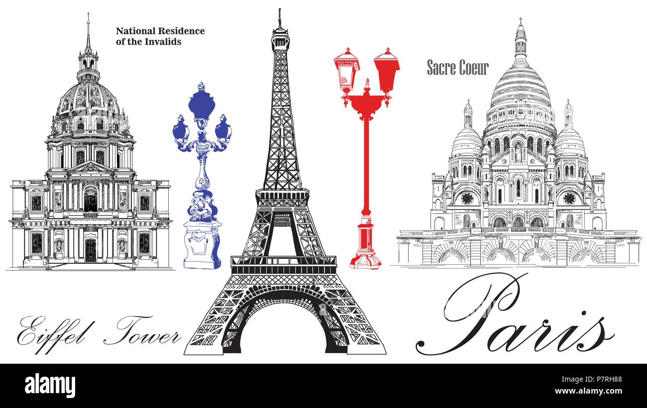 Tour Eiffel, vecteur de la résidence nationale des invalides, Sacré-Coeur. Vector dessin à la main libre isolé sur fond blanc Illustration de Vecteur