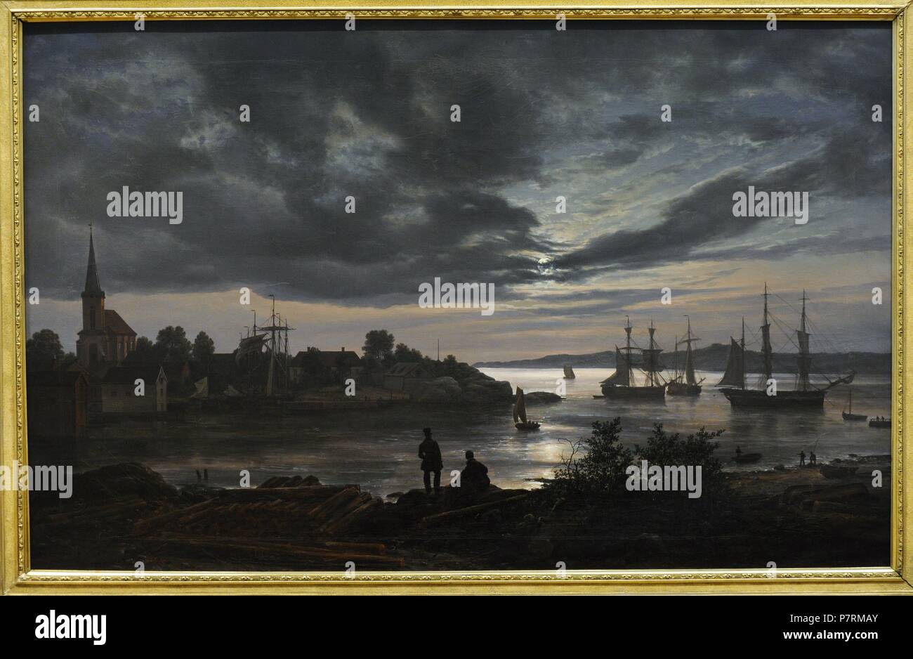 Johan Christian Dahl (1788-1857). Peintre norvégien. Larvik par Moonlight, 1839. Galerie nationale. Oslo. La Norvège. Banque D'Images