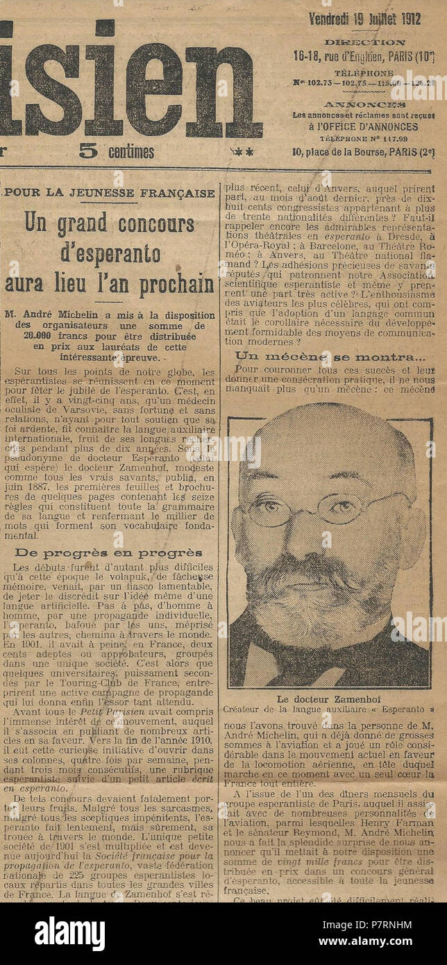 L'ESPÉRANTO : Gazetartikolo Concours 'Esperanto'/Pariza taggazeto . 6 1912 1912 Concours Esperanto 1 Banque D'Images
