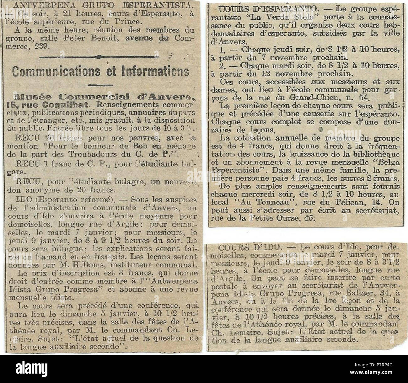 L'ESPÉRANTO : Artikoletoj franclingva taggazeto Esperanto-Ido pri en Komandanto ; konferenco Lemaire en Antverpeno proksimume en 1910 . 19105 1910 kaj Esperanto Ido en Antverpeno Banque D'Images