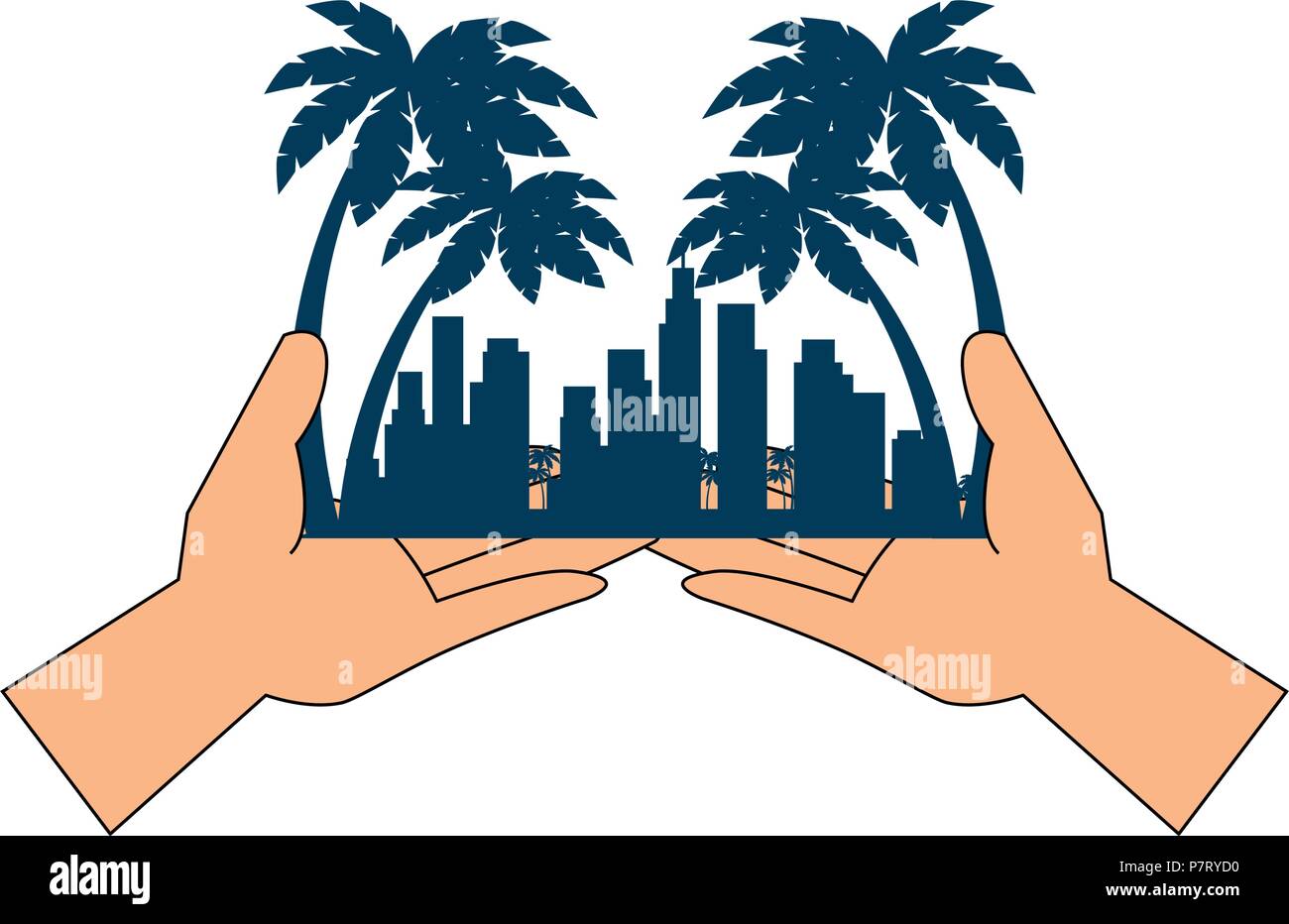 Vue urbaine avec levage mains paumes silhouette Illustration de Vecteur