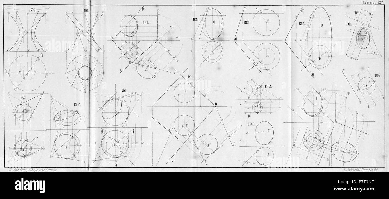 Español : Làmina 12 del libro de 'Geometria descriptiva y sus principales aplicaciones' , Escarabill auteur Baltasar Cardona, editado en Barcelona (España) por Libreria especial de arquitectura y agrimensura de Luís Niubó, año 1869. 10 février 2008, 21:39:20 60 12 Cardona Banque D'Images