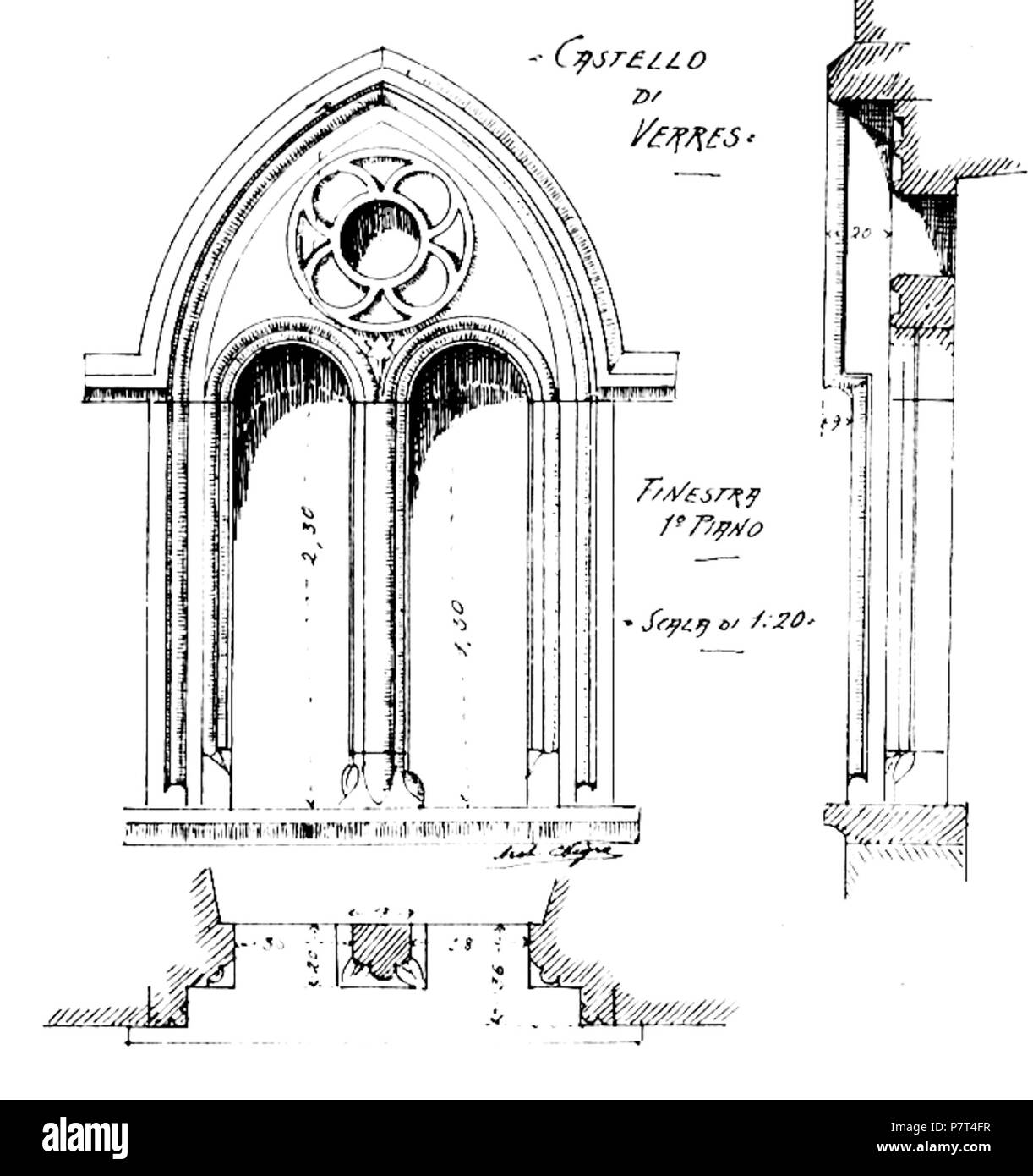 Italiano : Schizzo di Nigra della finestra del primo piano del Castello di Ayas. 3 novembre 2013, 12:00:25 primo piano Finestra 160 verres en fonte noire 113 Banque D'Images