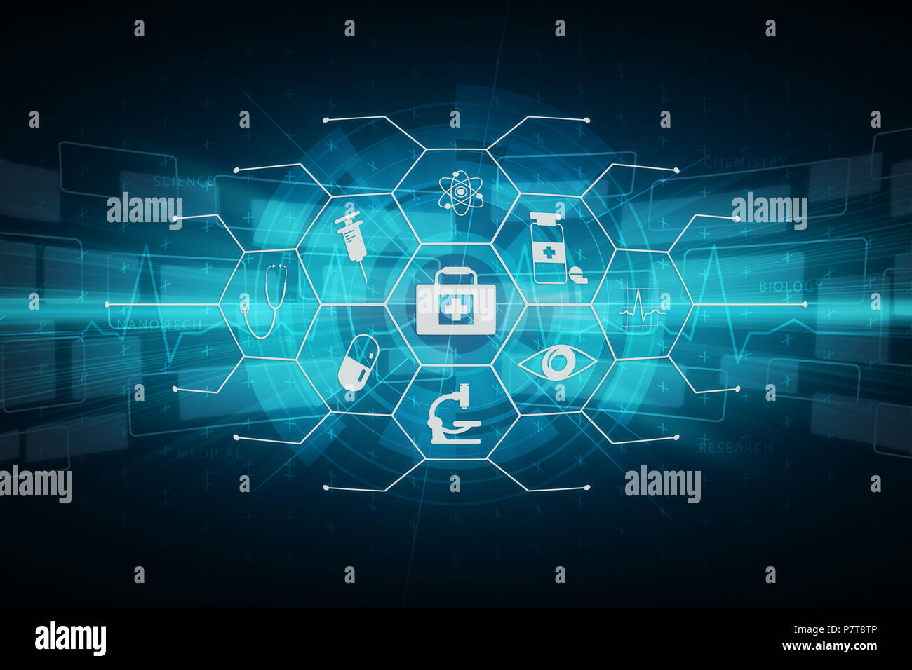 Mix media Science moderne de la santé médical overlay icône graphique illustration art toile fond fond papier peint pour la conception. Banque D'Images