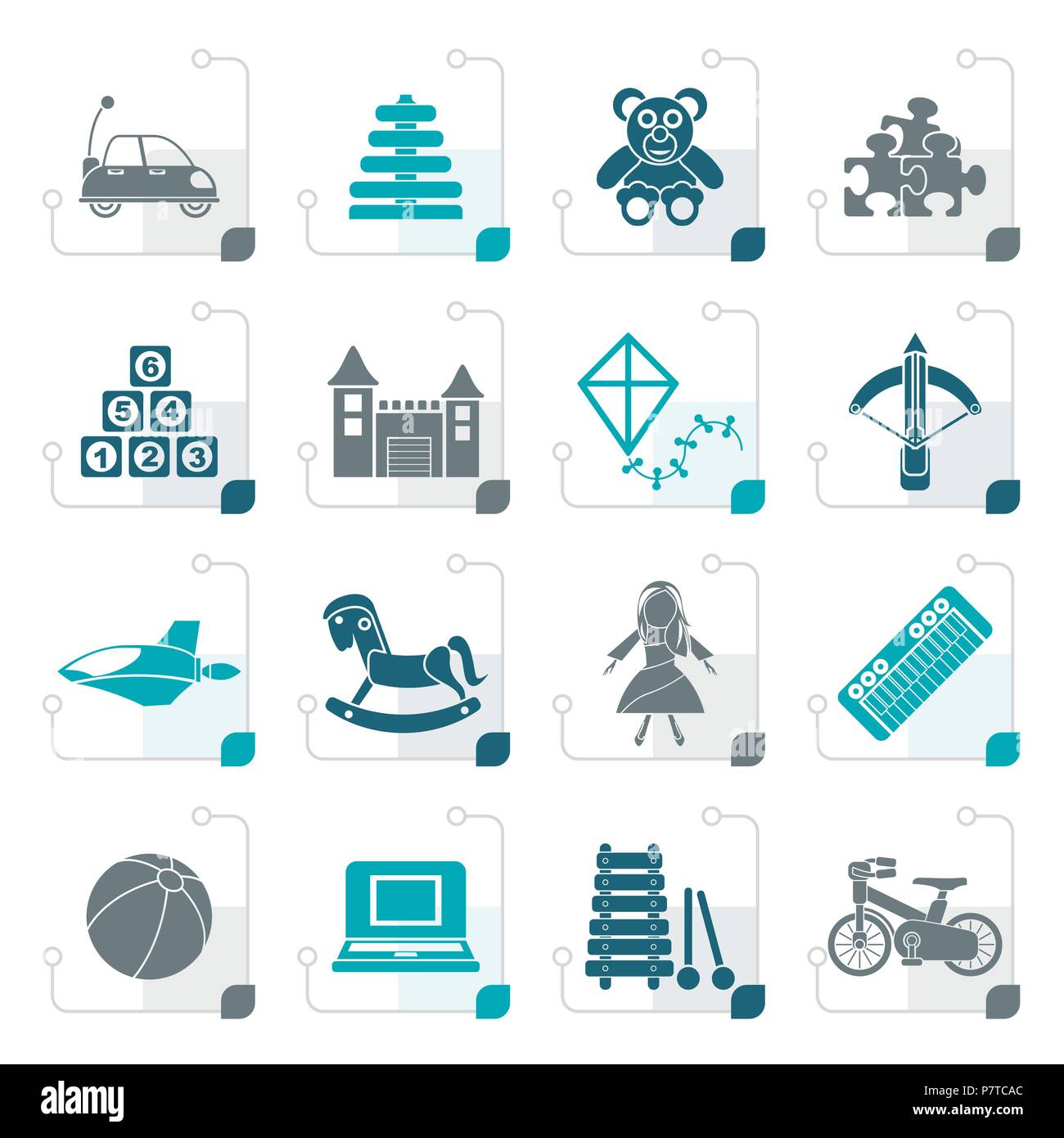 Différents types de jouets stylisé icônes - vector icon set Illustration de Vecteur