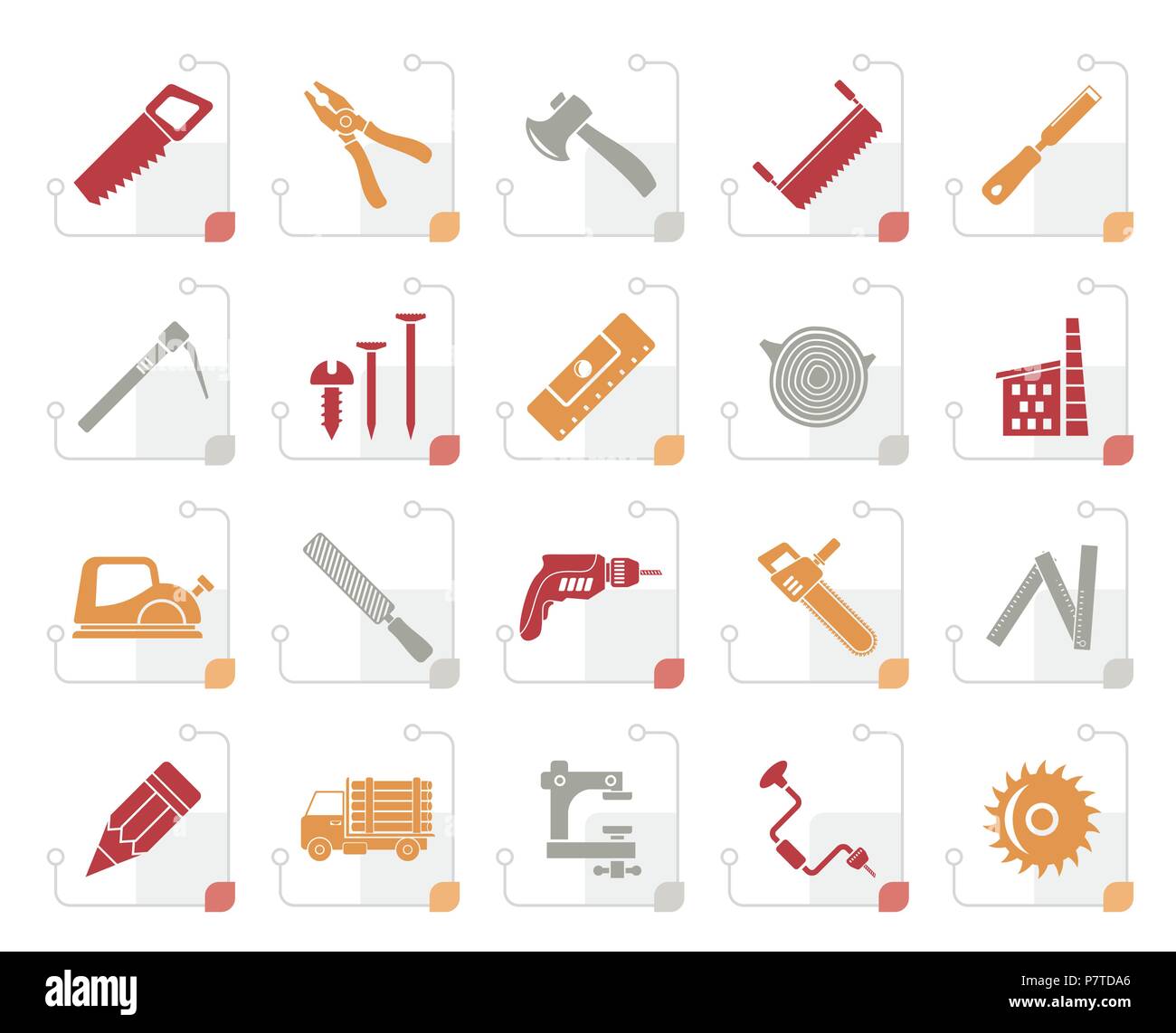 Menuiserie stylisée, l'exploitation forestière et le travail du bois icônes - vector icon set Illustration de Vecteur