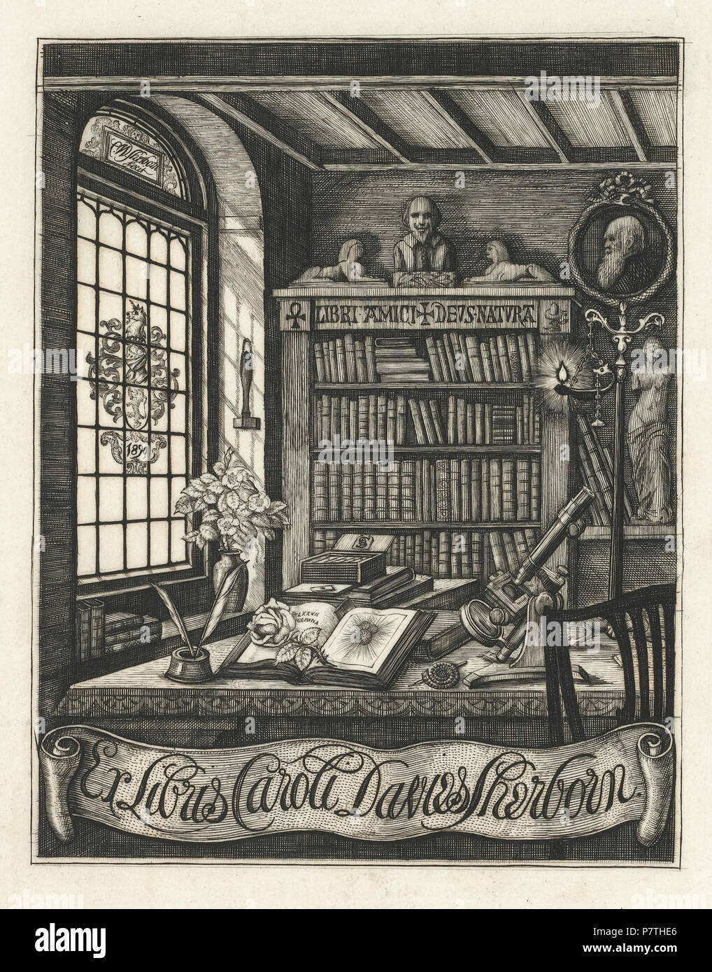 Ex Libris De Charles Davies Sherborn Une Etude De 4400 Une Etude De 4400 Parmi Les Elements Presentes Sont Un Buste De Shakespeare Un Profil Portrait De Charles Darwin Dans Une Cocarde
