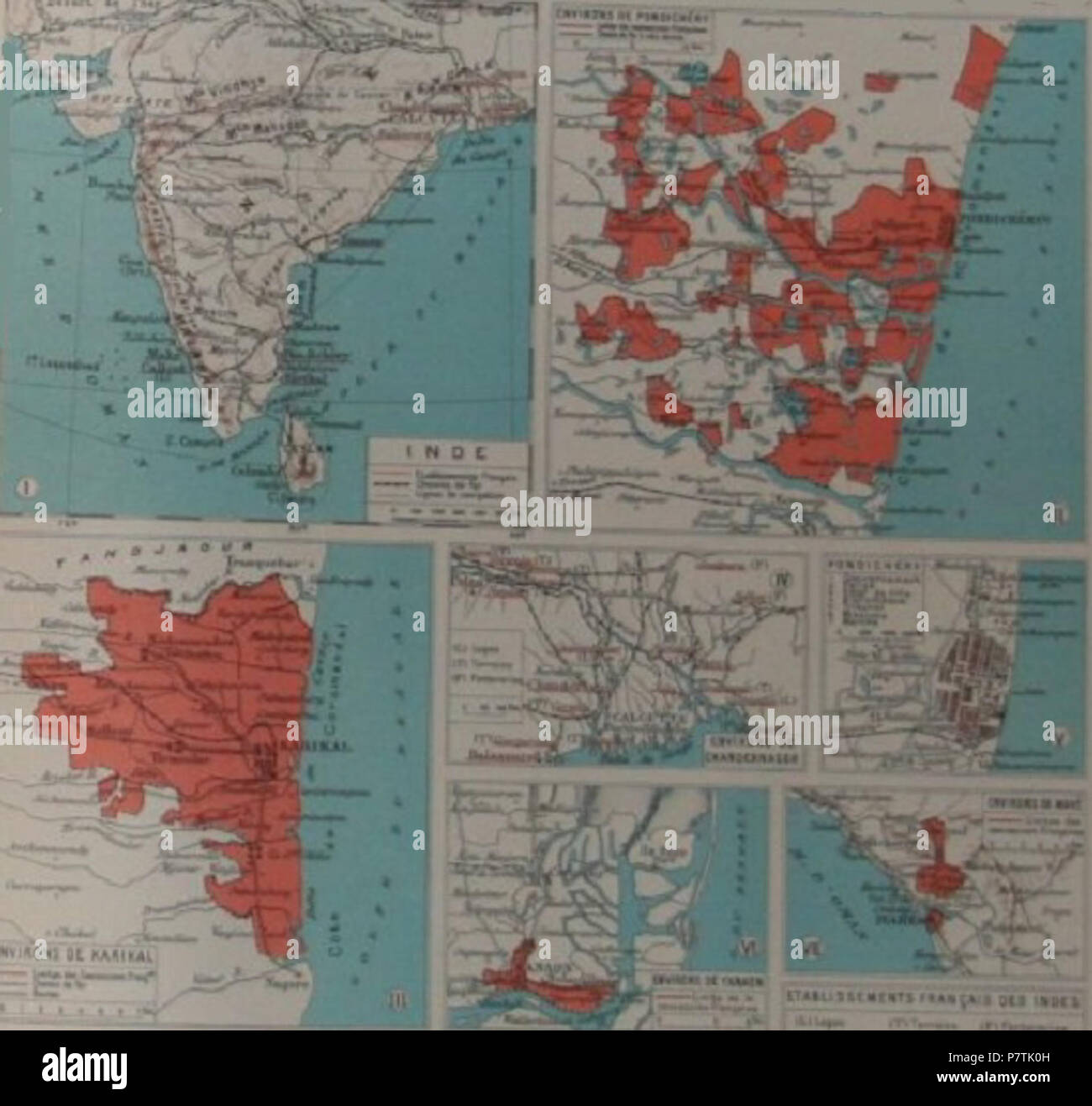 Anglais : Page de l'Atlas de l'illustration de la France et de ses colonies (1938) montrant les cartes des cinq établissements non contigus (villes) formant l'Inde française. La partie supérieure droite de l'encart montre l'établissement Pondichéry (Anglais : Pondichéry) avec ses exclaves distincts (aujourd'hui Puducherry District). L'encart en bas à gauche montre l'établissement de Karikal (maintenant Karaikal District). Les petites cartouches montrent les établissements de Chandernagor (aujourd'hui Chandannagar, une banlieue de Calcutta), Yanaon Yanaon maintenant (District) et Mahé (maintenant Mahe District), ainsi qu'une carte de la capitale de Pondichéry un Banque D'Images