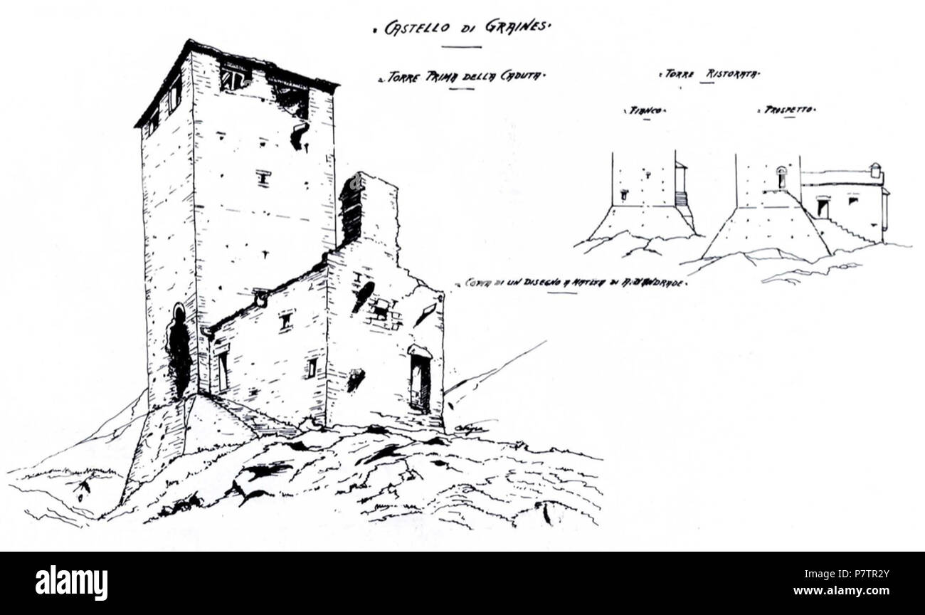 Italiano : Castello di Graines : torre prima della caduta e torre (ristorata restaurata). Copia a matita di Disegno di Alfredo D'Andrade (1839-1915) fatta da Carlo Nigra (1856-1942). NdE : 'La fotografia n. 33 (Il fabbricato accanto al donjon del Castello di Graines) mancava nella documentazione allestita dall'autore, è tratta dal nostro archivio.' . avant 1942 62 graines - Castello di Torre prima della caduta Fig 32 Fig 33 ristorata e torre Banque D'Images