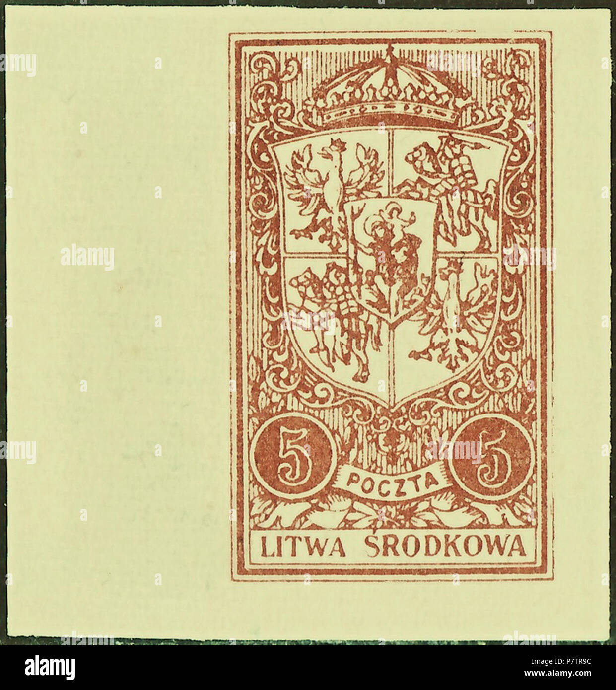 Cachet de la Lituanie centrale ; 1921 ; Michel no 38B, timbre-poste ; Question 5 (M.) ; brun fauve ; des armoiries de la ville Vilnius Valeur nominale : 5 Couleur : Marron fauve Marka Filigrane : Aucun envoi Validité : Avril 1921 - 16 avril 1922 papier : papier fin . 63 avril 1921 Lituanie centrale 1921 MiNr038B B002 Banque D'Images