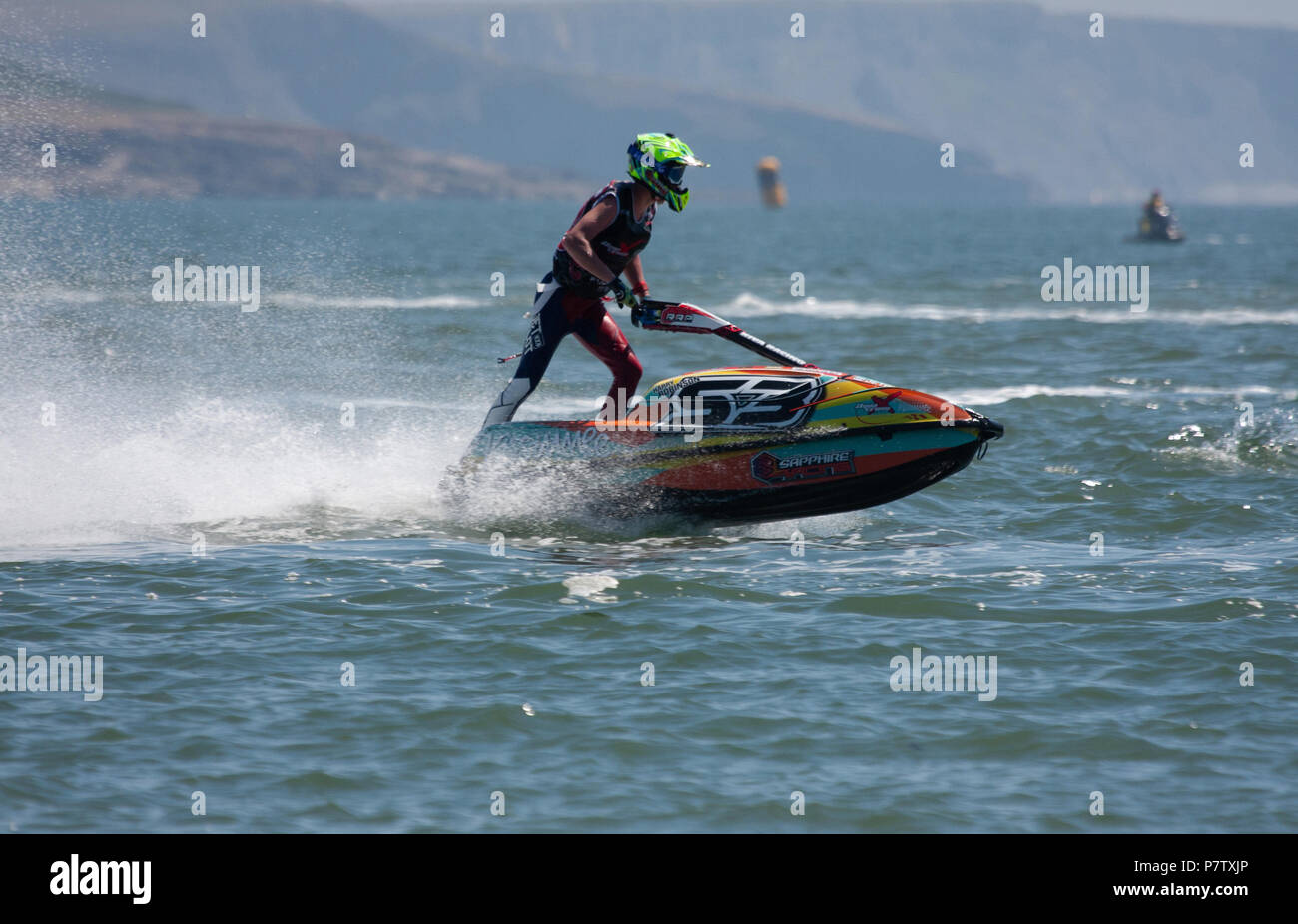 La plage de Newton, Porthcawl, Pays de Galles, 07 juillet,2018. Jet Ski raceing à la course nationale série de grande vitesse, l'adrénaline-paniers P1 Aqua Cross lors d'un jour glorieux Summers. William Andrew Crédit/Megicks Alamy Live News Banque D'Images