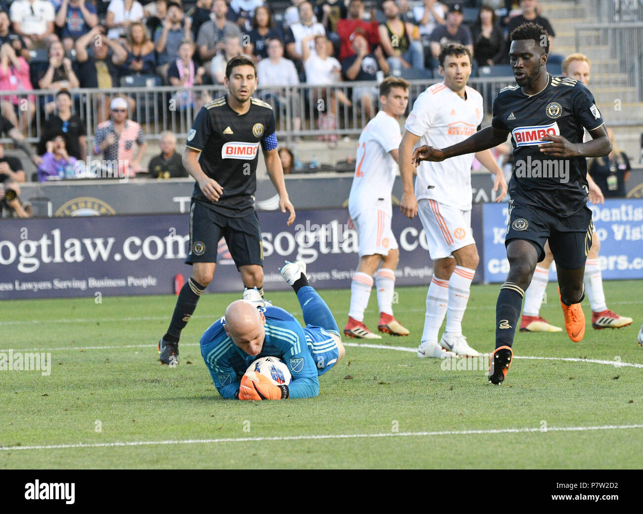 Chester, Pennsylvanie, USA. 7 juillet, 2018. Atlanta United's GK, BRAD GUZAN, (1 ) bloque un tir au but par l'Union européenne pendant le match au stade de l'énergie Talen Crédit : Ricky Fitchett/ZUMA/Alamy Fil Live News Banque D'Images