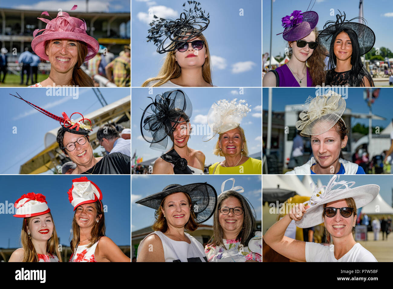 L'Allemagne, Hambourg. 8 juillet, 2018. Equestria, derby sports : femme spectateurs regarder dans l'appareil photo du photographe portant des chapeaux à la mode. Axel Heimken Crédit :/dpa/Alamy Live News Banque D'Images