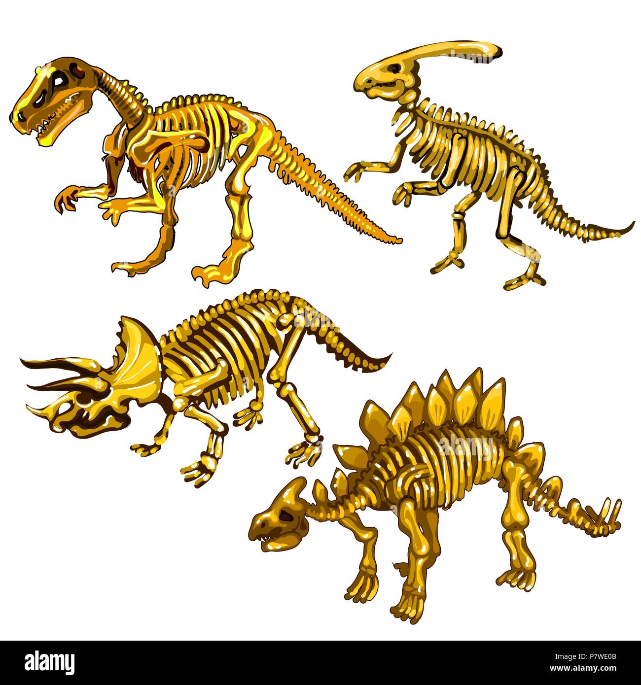 Jeu de squelettes de dinosaures en or. Souvenirs sous la forme de restes d'animaux préhistoriques isolé sur un fond blanc. Vector illustration. Illustration de Vecteur