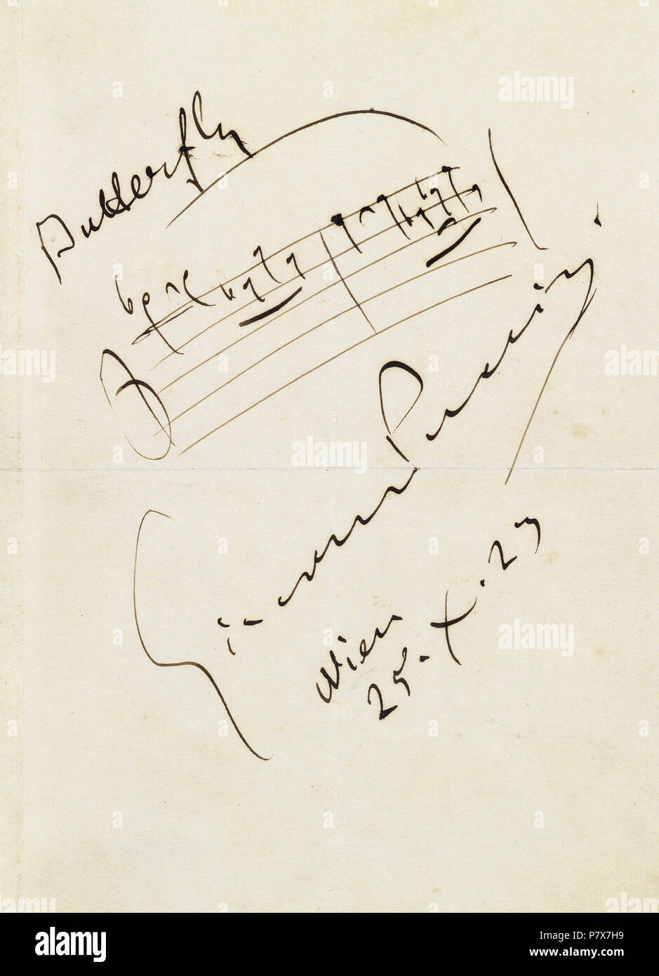 Giacomo Puccini, Albumblatt Notenzeile mit (Madame Butterfly, Solovioline aus Un bel di, vedremo) und Unterschrift, Wien, 25. Oktober 1923 . 25 octobre 1923 172 Giacomo Puccini Albumblatt 1923-10-25 Papillon Banque D'Images