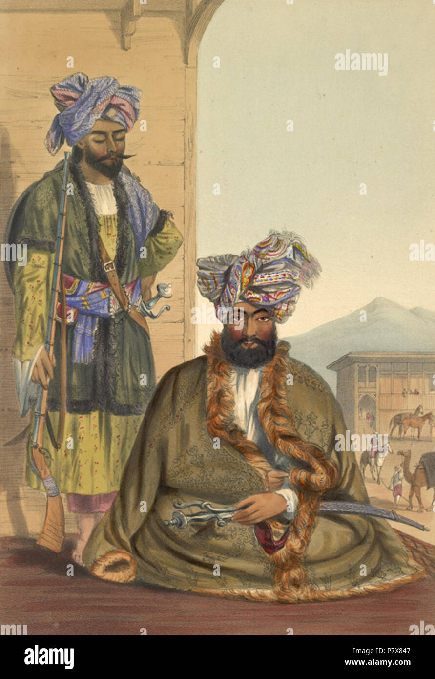 Mahomet Gool Khaun, Roi de l'Ghiljyes Cette lithographie est pris à partir de la planche 25 de 'Afghaunistan' par le Lieutenant James Rattray. Le 29 septembre 1841, Sir Alexander Burnes Rattray a permis de rencontrer un prisonnier d'état, Gul Muhammad Khan, le chef Ghilzai qui avait longtemps combattu les Britanniques. Les Ghilzais avait une fois été la plus célèbre de l'ancienne tribus afghanes, et avait constamment en compétition pour le trône de Kaboul avec leurs rivaux les Durranis, ce dernier remportant à la fin. Depuis 1802 les Ghilzais avaient vécu en paix, mais en 1839 ils ont rejoint la cause afghane de repousser les Britanniques. E Banque D'Images