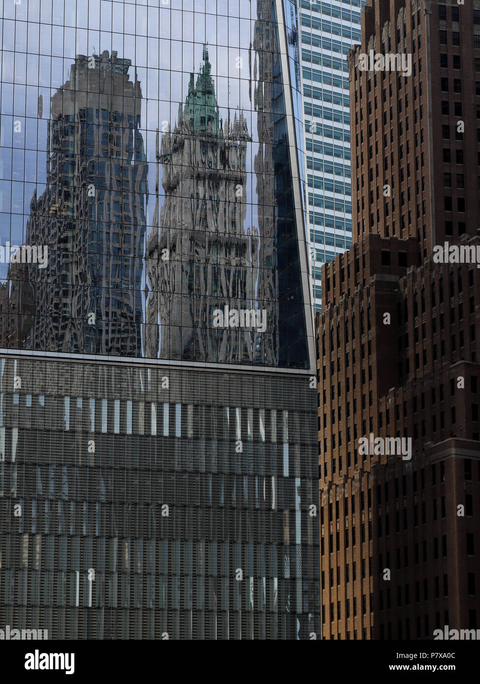 One World Trade Center à New York offre une palette de vitreux pour refléter les édifices, comme la tête de cuivre Woolworth Building dans le centre. Banque D'Images