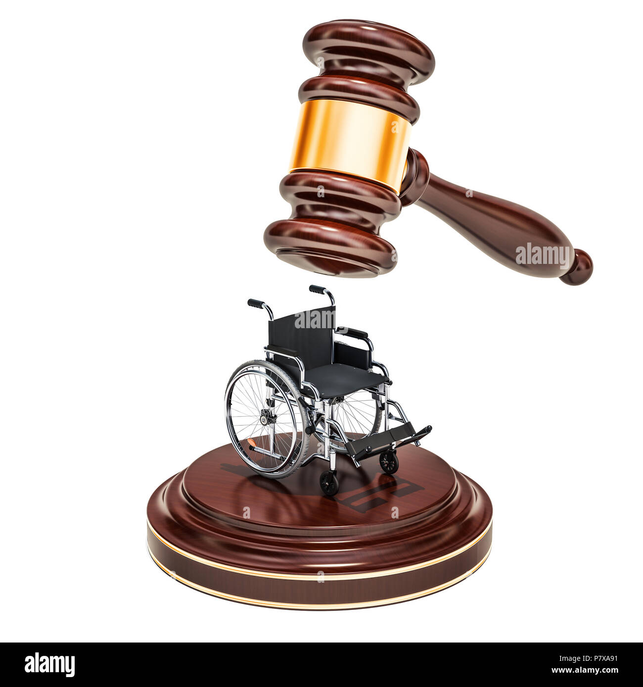 Wooden gavel avec fauteuil roulant, rendu 3D isolé sur fond blanc Banque D'Images