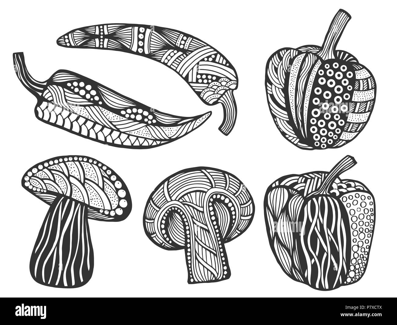 Vector illustration de champignons et poivrons, zen style Boho doodle. Peuvent être imprimés et utilisés comme matières premières, végétaliens et végétariens de l'élément de conception, la coloration de pag Illustration de Vecteur